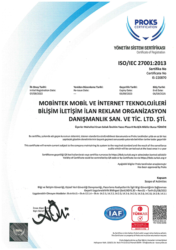 ISO 27001:2013 Bilgi Güvenliği Yönetim Sistemi Sertifikası